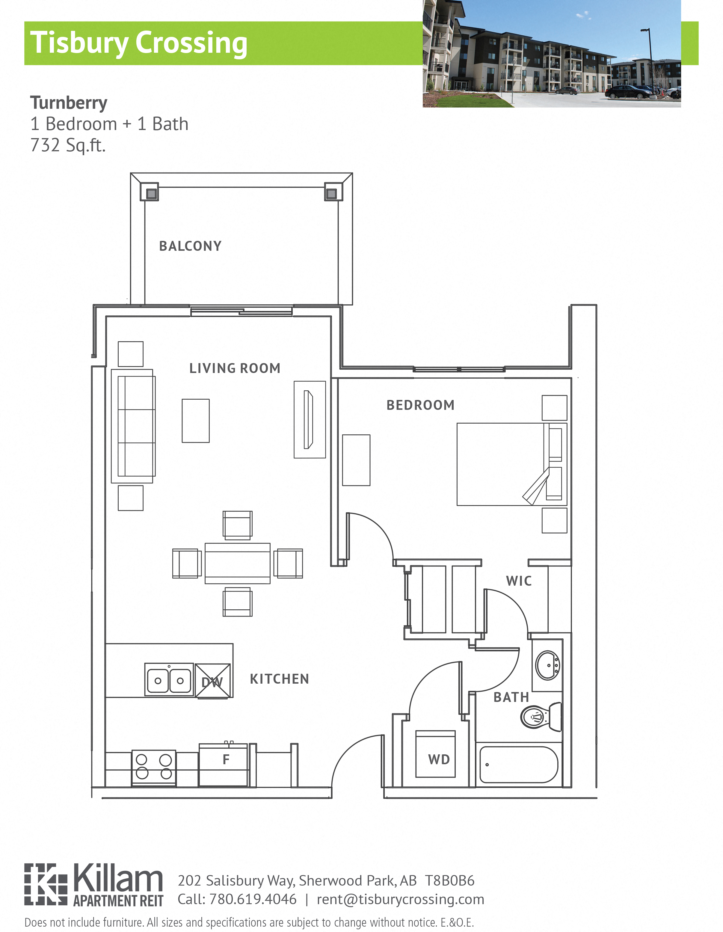 Floor plan for 1 bed, 1 bath, 732 sqft